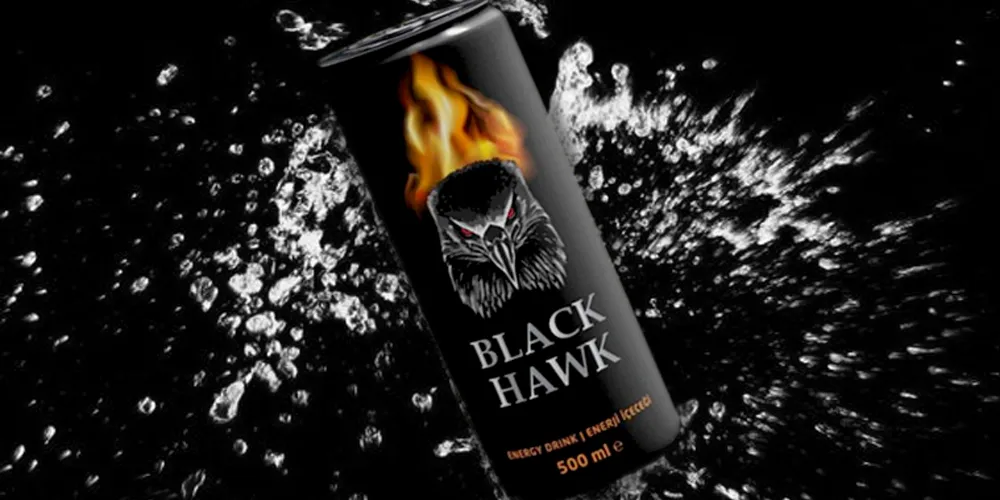 Dramatic image of a Black Hawk energy drink can with flames, set against a dynamic backdrop of splashing water.